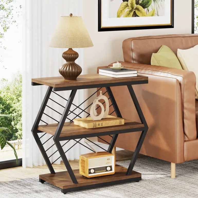 Discount Tribesigns Industrial End Table Side Table with 3 Storage Shelves & Metal Frame