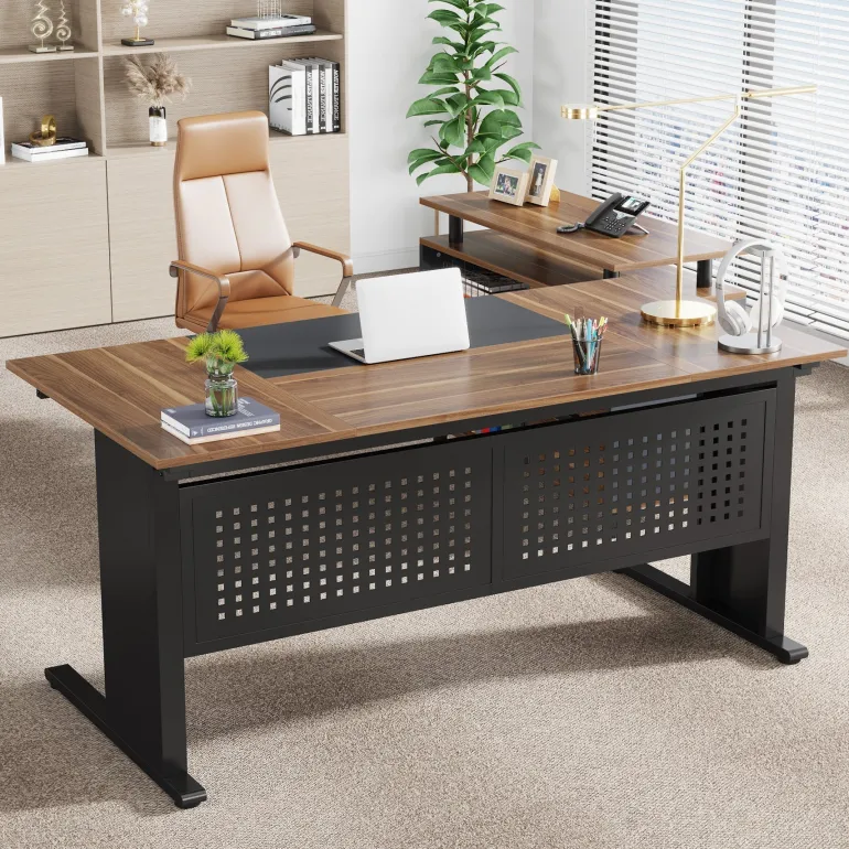 New Tribesigns Industrial L - Shaped Desk, 63" Computer Executive Desk with File Cabinet