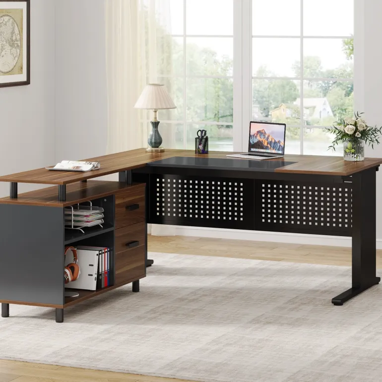 New Tribesigns Industrial L - Shaped Desk, 63" Computer Executive Desk with File Cabinet