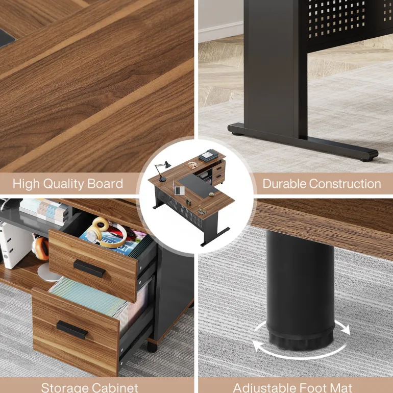 New Tribesigns Industrial L - Shaped Desk, 63" Computer Executive Desk with File Cabinet