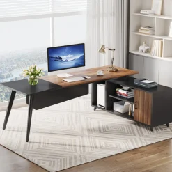 Fashion Tribesigns Industrial L-Shaped Desk, 78.74 Inch Executive Office Desk with File Cabinet