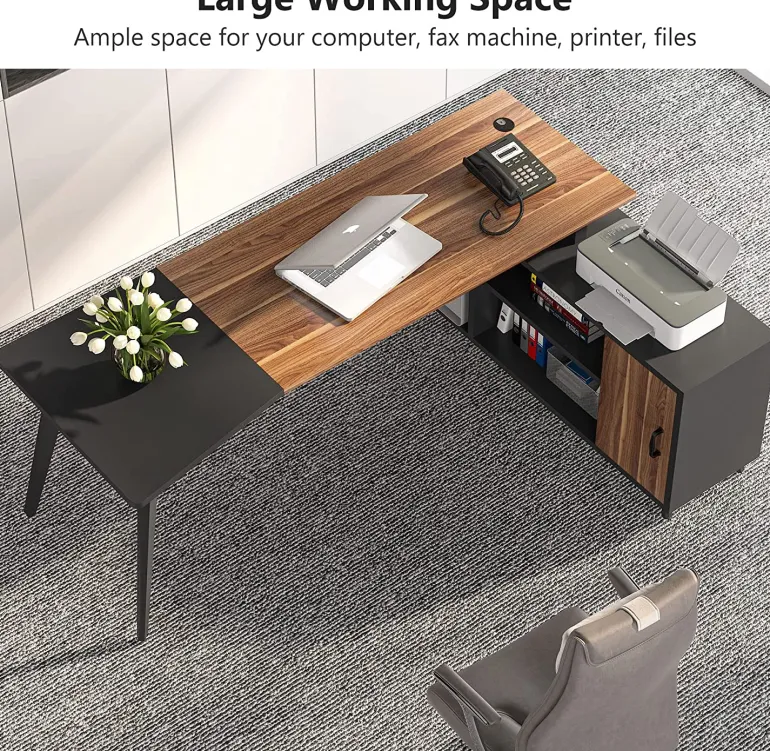 Fashion Tribesigns Industrial L-Shaped Desk, 78.74 Inch Executive Office Desk with File Cabinet