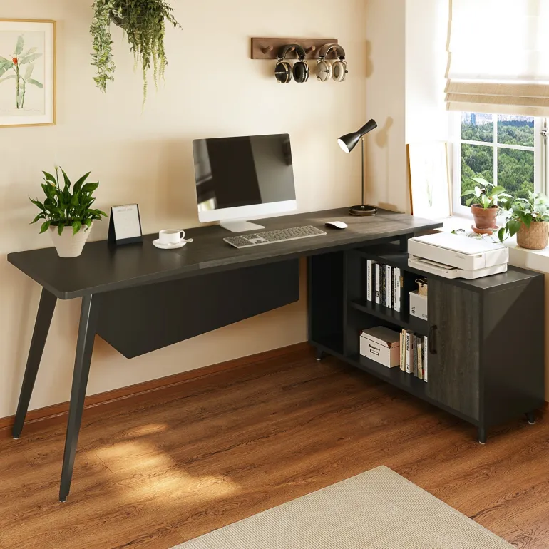 Fashion Tribesigns Industrial L-Shaped Desk, 78.74 Inch Executive Office Desk with File Cabinet
