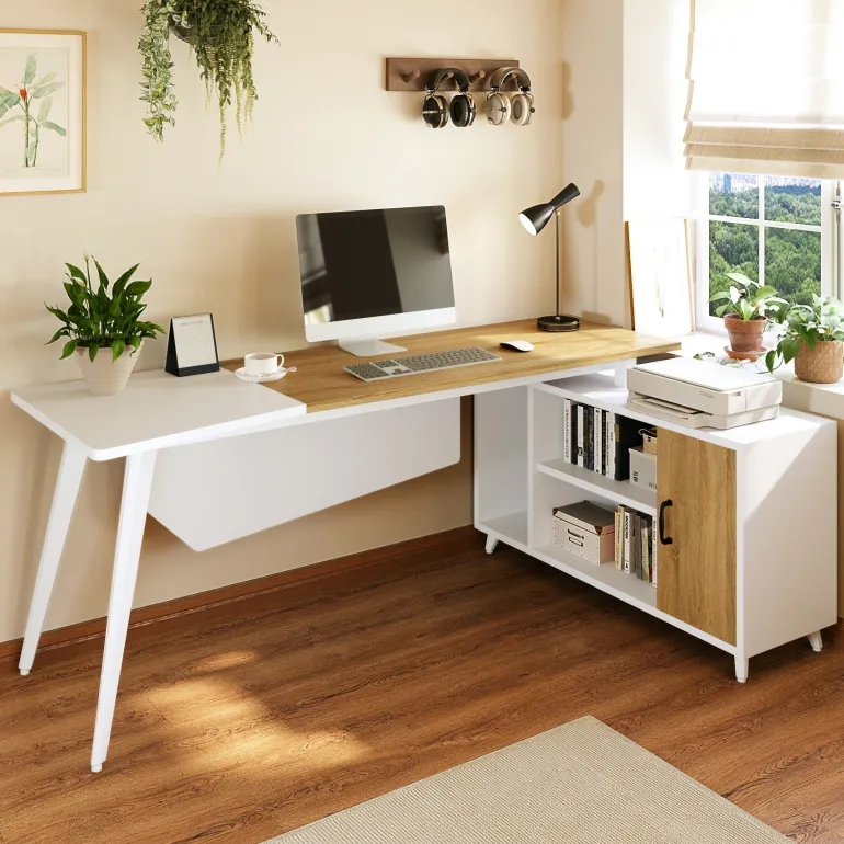 Fashion Tribesigns Industrial L-Shaped Desk, 78.74 Inch Executive Office Desk with File Cabinet