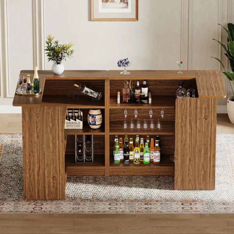 Hot Tribesigns L - shaped Bar Table, 4 - tier Bar Cabinet Liquor Bar Units