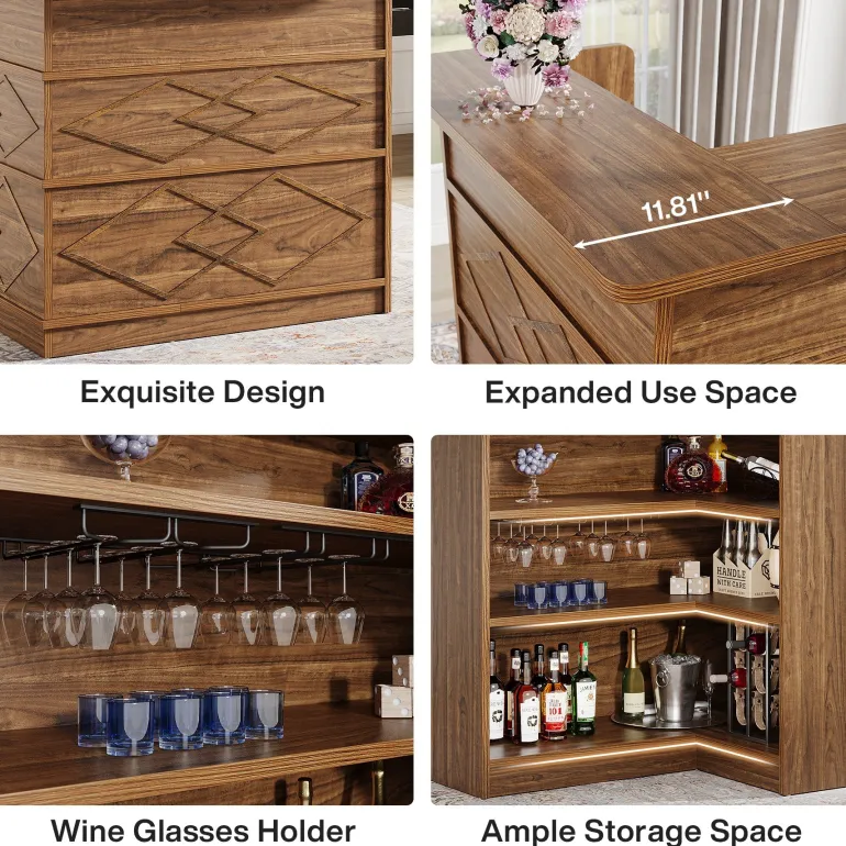 Hot Tribesigns L - shaped Bar Table, 4 - tier Bar Cabinet Liquor Bar Units