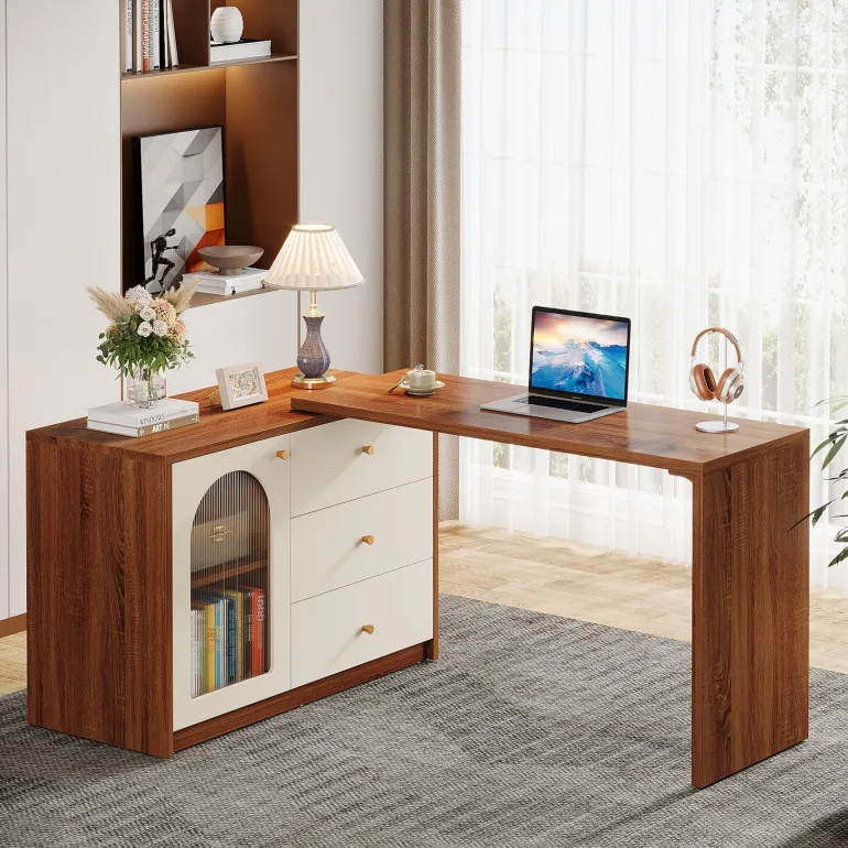Shop Tribesigns L - Shaped Computer Desk, Corner Office Desk with Reversible Storage Cabinet