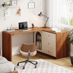 Shop Tribesigns L - Shaped Computer Desk, Corner Office Desk with Reversible Storage Cabinet
