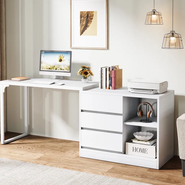 Fashion Tribesigns L - Shaped Computer Desk, Reversible Corner Desk With Drawer Cabinet