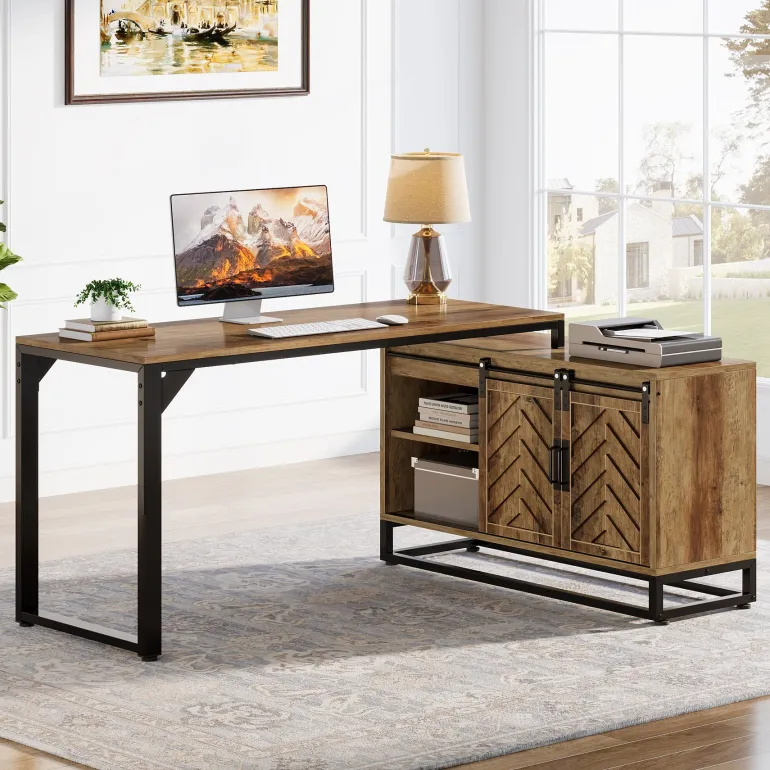 Clearance Tribesigns L - Shaped Executive Desk, 53" Farmhouse Computer Desk Corner Desk with Cabinet