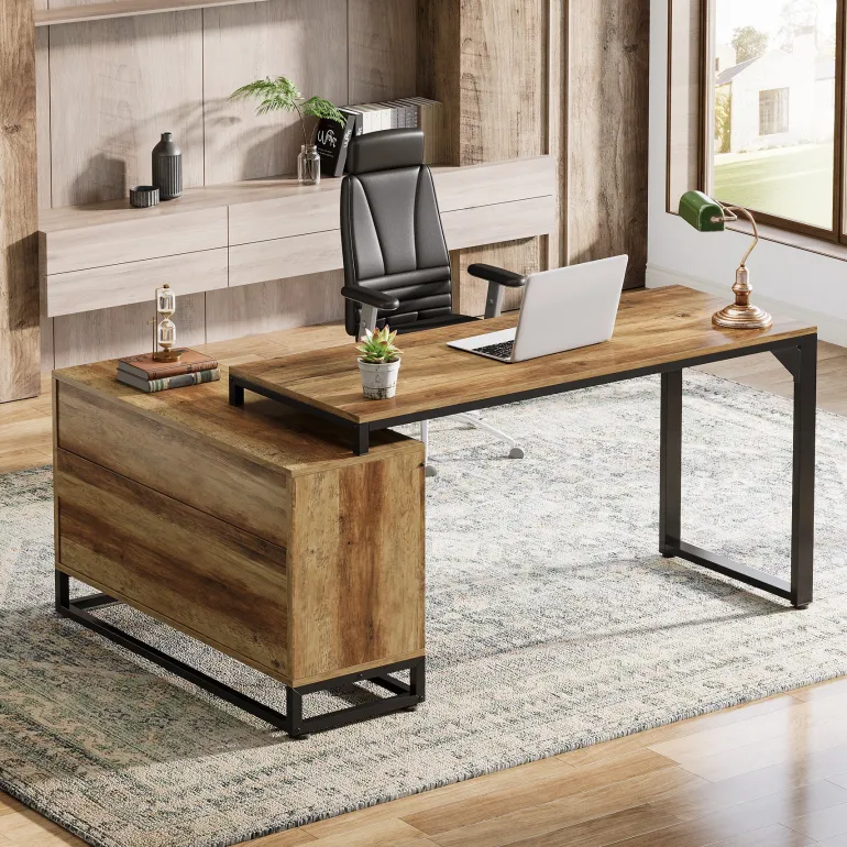 Clearance Tribesigns L - Shaped Executive Desk, 53" Farmhouse Computer Desk Corner Desk with Cabinet