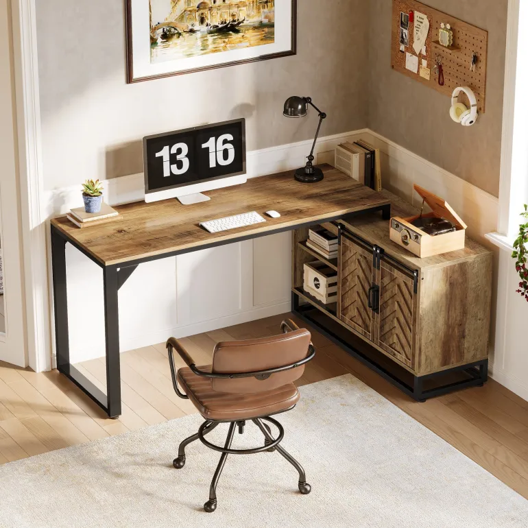 Clearance Tribesigns L - Shaped Executive Desk, 53" Farmhouse Computer Desk Corner Desk with Cabinet
