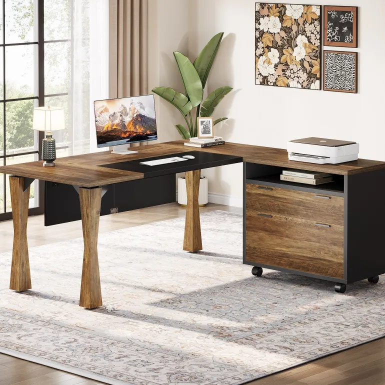 Cheap Tribesigns L - Shaped Executive Desk, 63" Computer Desk With File Cabinet