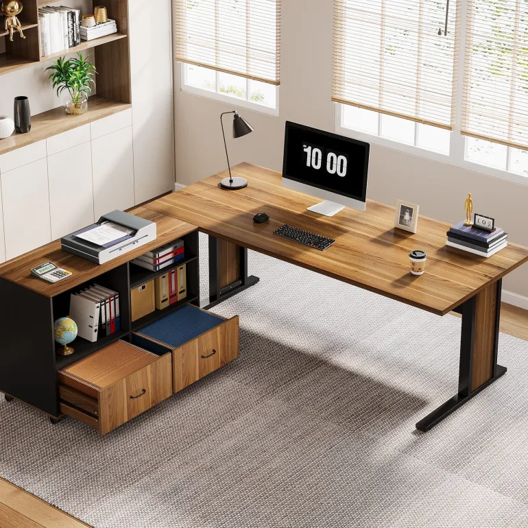 Store Tribesigns Large L - Shaped Desk, 63" Executive Computer Desk with Mobile File Cabinet