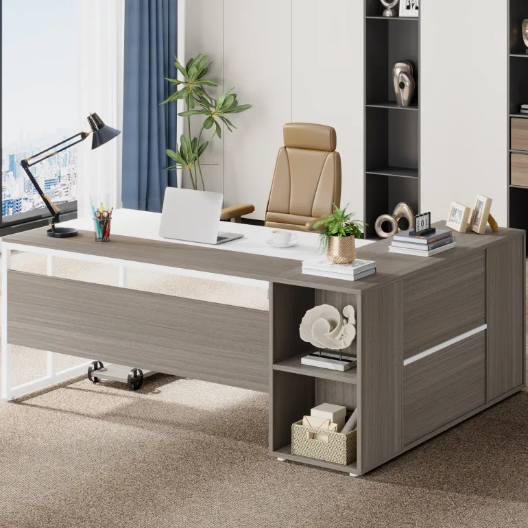 Store Tribesigns Large L - Shaped Desk, 71 inch Executive Desk with Shelves & Cabinet