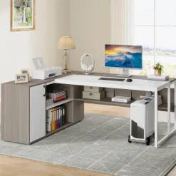 Store Tribesigns Large L - Shaped Desk, 71 inch Executive Desk with Shelves & Cabinet