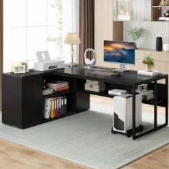 Store Tribesigns Large L - Shaped Desk, 71 inch Executive Desk with Shelves & Cabinet