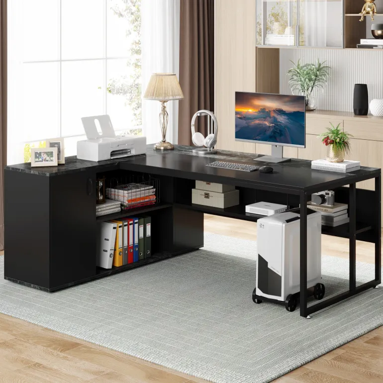 Store Tribesigns Large L - Shaped Desk, 71 inch Executive Desk with Shelves & Cabinet
