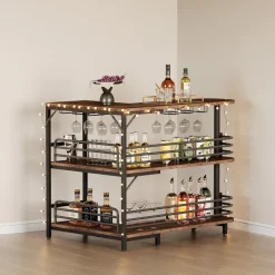 Clearance Tribesigns L-Shaped Bar Unit, 3 Tier Liquor Bar Table with Wine Glasses Holder