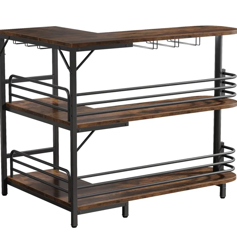 Clearance Tribesigns L-Shaped Bar Unit, 3 Tier Liquor Bar Table with Wine Glasses Holder