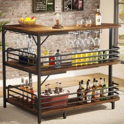 Clearance Tribesigns L-Shaped Bar Unit, 3 Tier Liquor Bar Table with Wine Glasses Holder