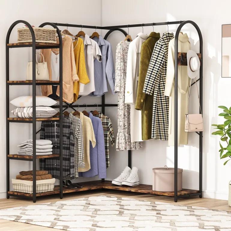 Discount Tribesigns L-Shaped Clothes Rack, Corner Garment Rack with Storage Shelves