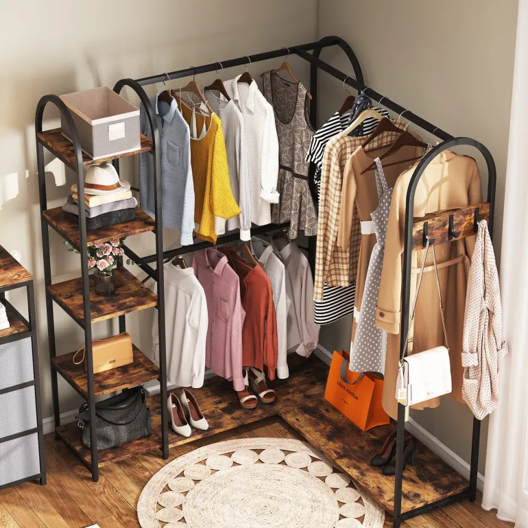 Discount Tribesigns L-Shaped Clothes Rack, Corner Garment Rack with Storage Shelves