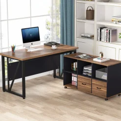 Discount Tribesigns L-Shaped Desk, 55" Executive Desk Computer Table and 43" File Cabinet