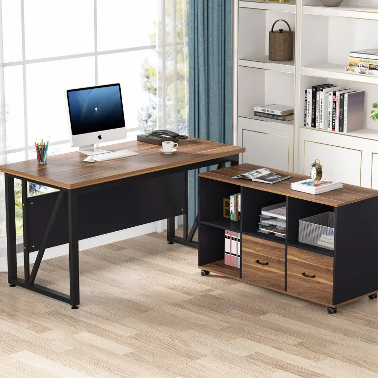 Discount Tribesigns L-Shaped Desk, 55" Executive Desk Computer Table and 43" File Cabinet