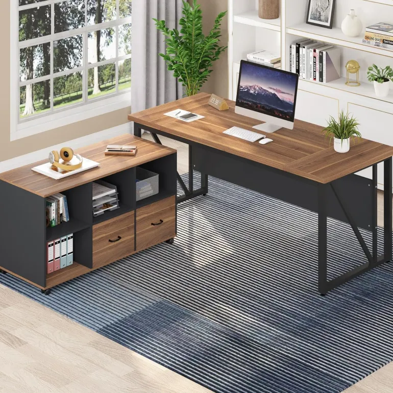 Discount Tribesigns L-Shaped Desk, 55" Executive Desk Computer Table and 43" File Cabinet
