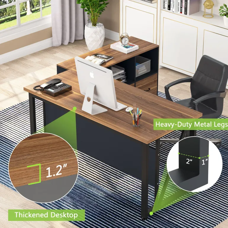 Discount Tribesigns L-Shaped Desk, 55" Executive Desk Computer Table and 43" File Cabinet