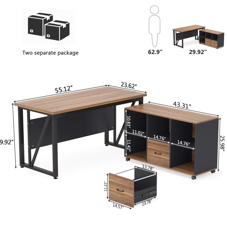 Discount Tribesigns L-Shaped Desk, 55" Executive Desk Computer Table and 43" File Cabinet