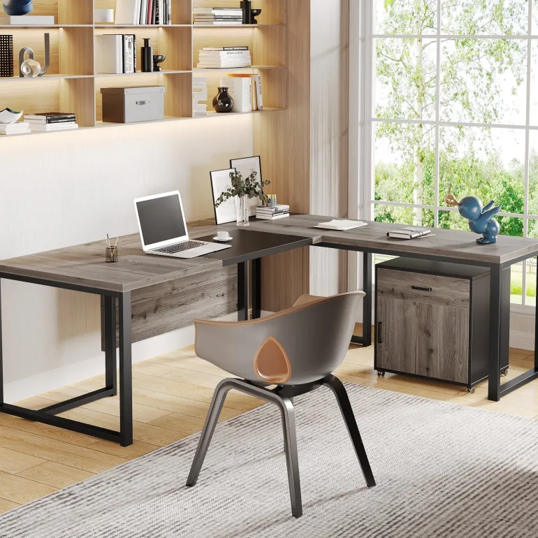 Online Tribesigns L-Shaped Desk, 70.8’’ Executive Desk with Mobile File Cabinet