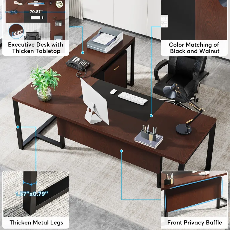 Online Tribesigns L-Shaped Desk, 70.8’’ Executive Desk with Mobile File Cabinet