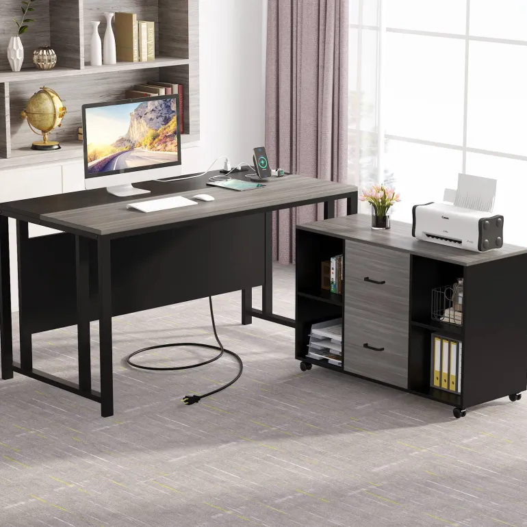 Clearance Tribesigns L-Shaped Desk, 55" Office Desk with 40" Mobile File Cabinet