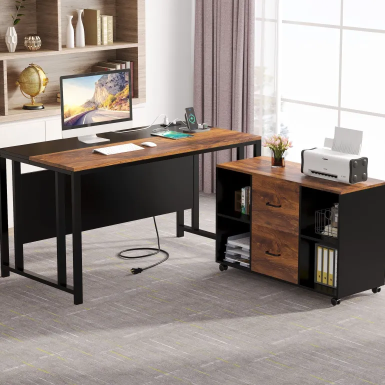 Clearance Tribesigns L-Shaped Desk, 55" Office Desk with 40" Mobile File Cabinet