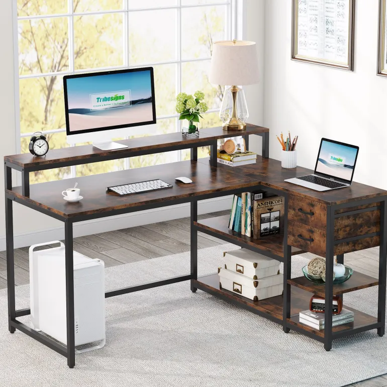 Flash Sale Tribesigns L-Shaped Desk, Industrial Corner Desk with Drawer & Storage Shelves