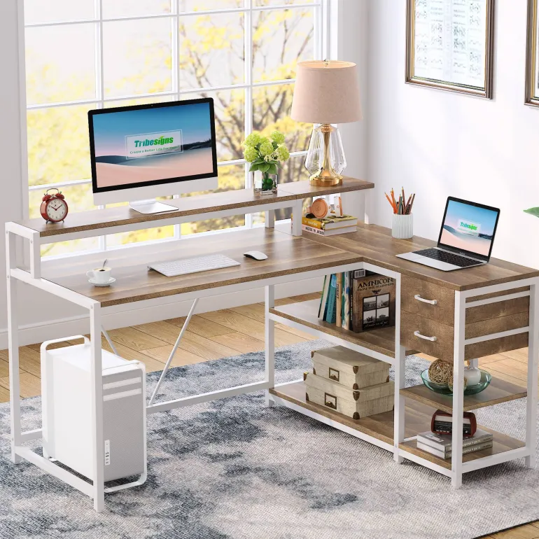 Flash Sale Tribesigns L-Shaped Desk, Industrial Corner Desk with Drawer & Storage Shelves