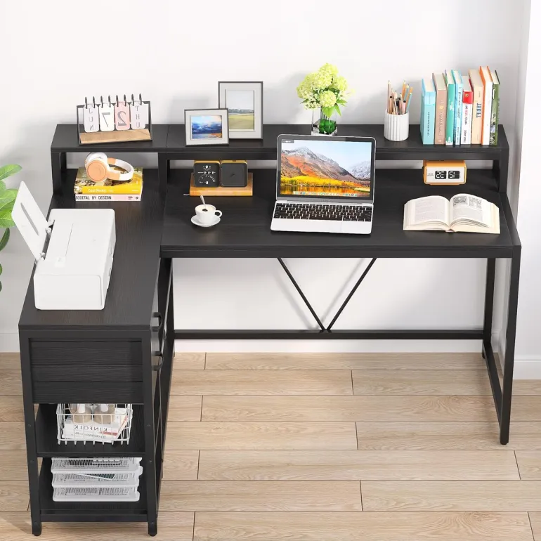 Flash Sale Tribesigns L-Shaped Desk, Industrial Corner Desk with Drawer & Storage Shelves