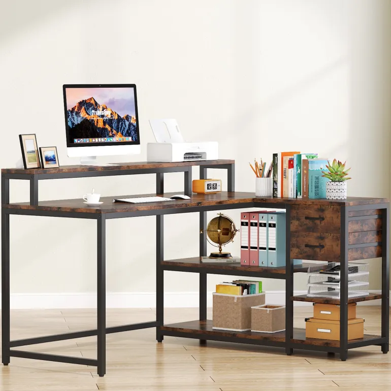 Flash Sale Tribesigns L-Shaped Desk, Industrial Corner Desk with Drawer & Storage Shelves