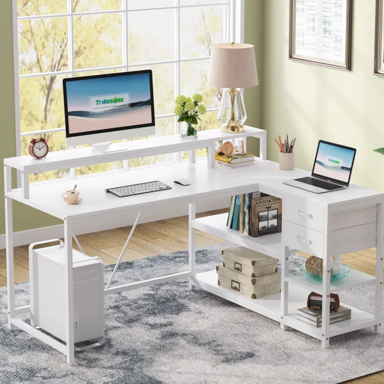 Flash Sale Tribesigns L-Shaped Desk, Industrial Corner Desk with Drawer & Storage Shelves
