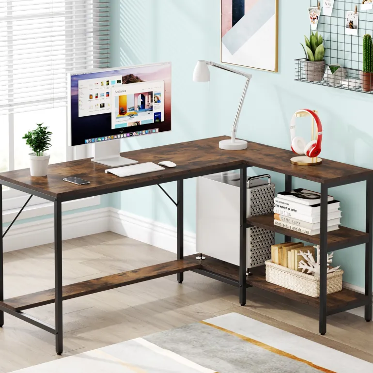Shop Tribesigns L-Shaped Desk, Reversible Corner Computer Desk with Storage Shelves