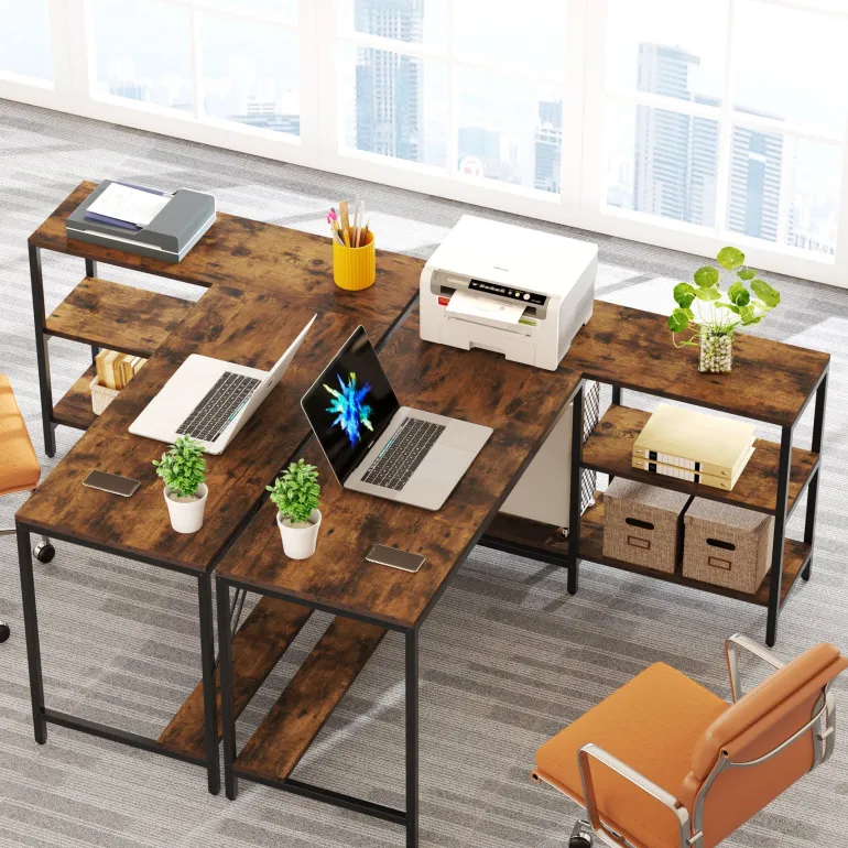 Shop Tribesigns L-Shaped Desk, Reversible Corner Computer Desk with Storage Shelves