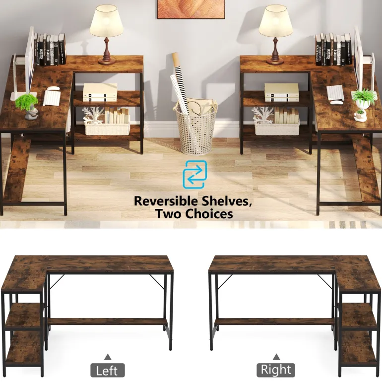 Shop Tribesigns L-Shaped Desk, Reversible Corner Computer Desk with Storage Shelves