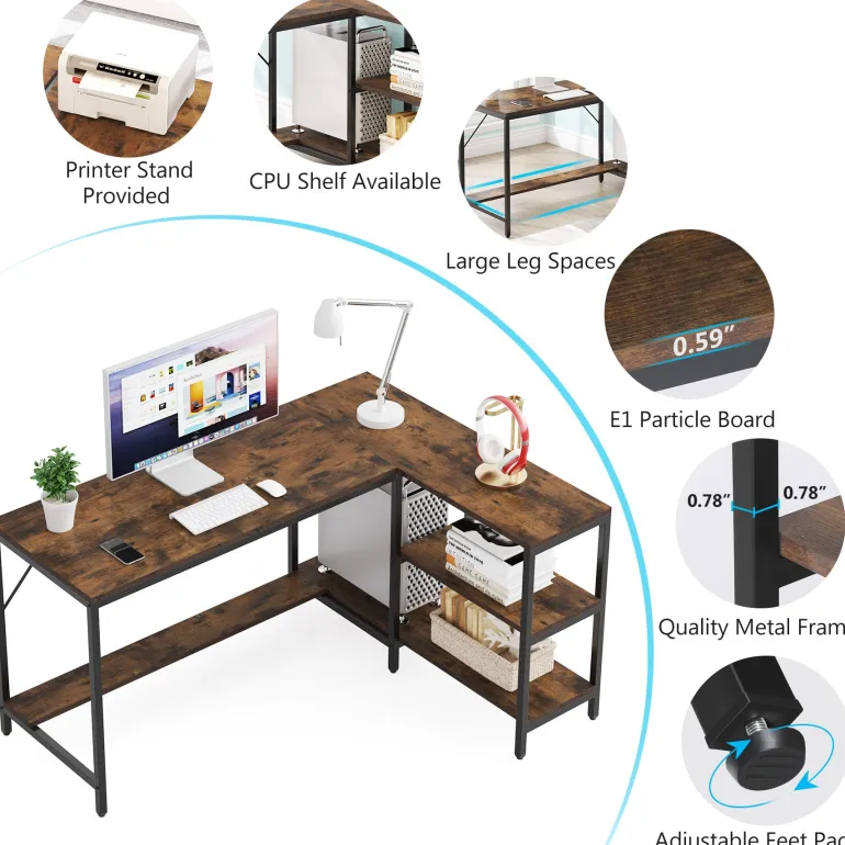 Shop Tribesigns L-Shaped Desk, Reversible Corner Computer Desk with Storage Shelves