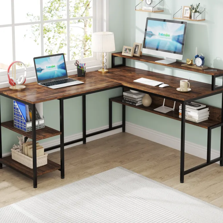 Discount Tribesigns L-Shaped Desk, Reversible Corner Desk with Shelves & Monitor Stand
