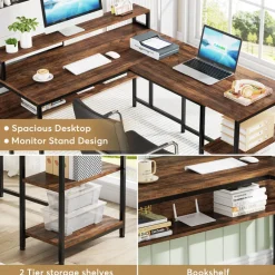 Discount Tribesigns L-Shaped Desk, Reversible Corner Desk with Shelves & Monitor Stand