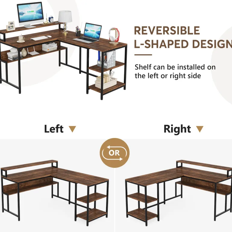 Discount Tribesigns L-Shaped Desk, Reversible Corner Desk with Shelves & Monitor Stand