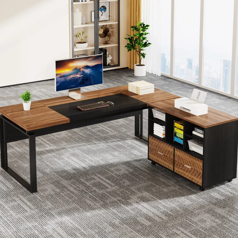 Discount Tribesigns L-Shaped Executive Desk, 63" Computer Desk with Mobile File Cabinet