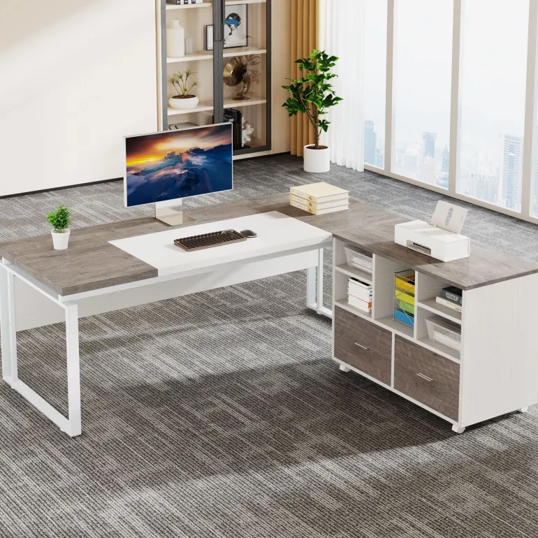 Discount Tribesigns L-Shaped Executive Desk, 63" Computer Desk with Mobile File Cabinet